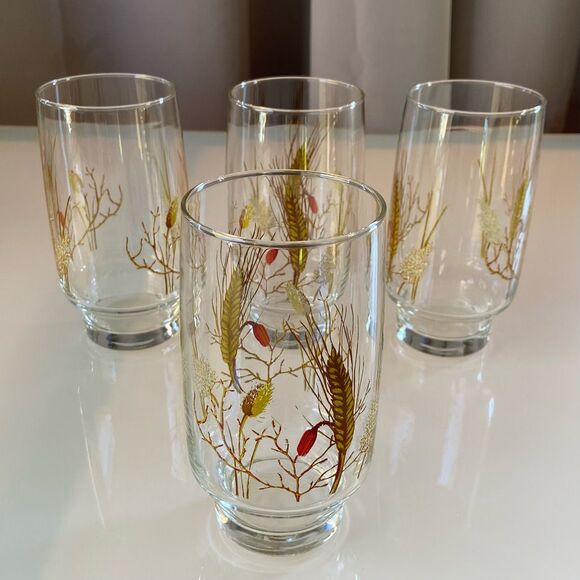 Vintage Libbey Set of 4 Footed Tall Wheat and Grass Drinking Glasses - Picture 4 of 6